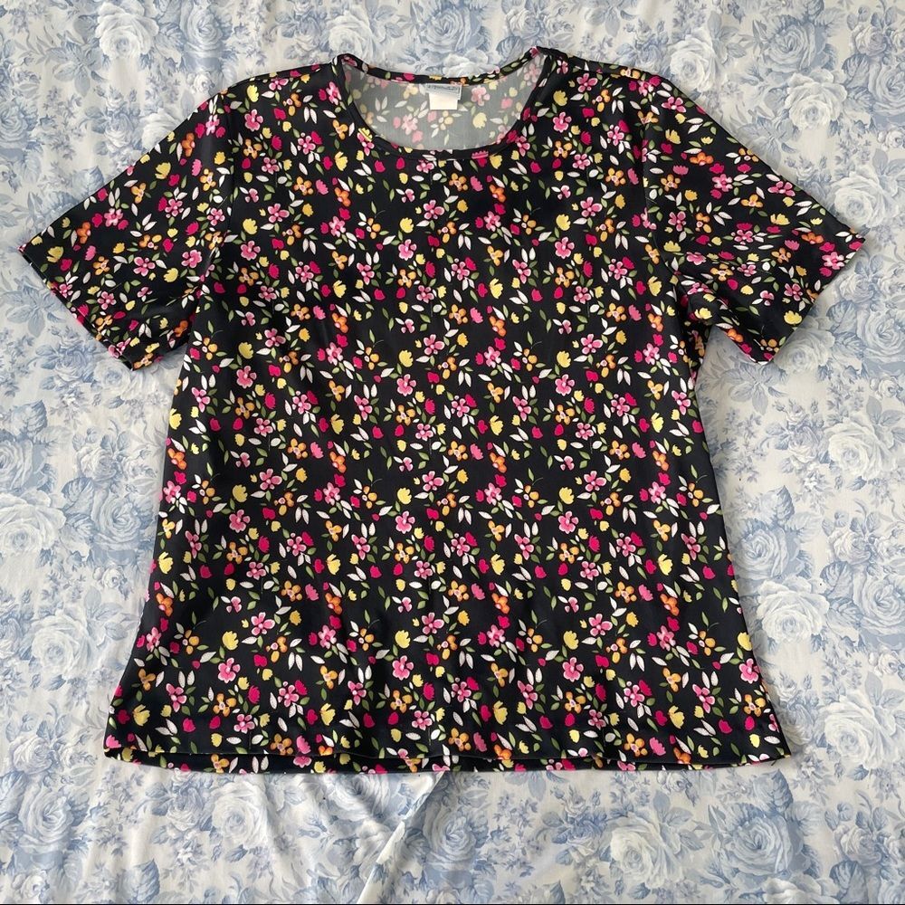 Vintage Micro Floral Black Rainbow Tee Stretchy Grannycore Kinderwhore Kitschy